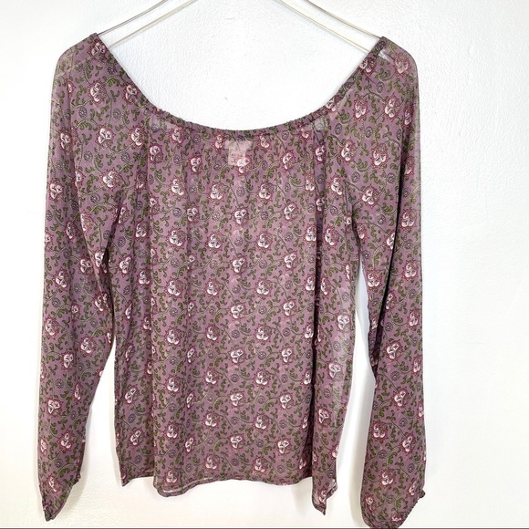 Anthropologie Lux Sheer Purple Floral Pullover Top w/Gold Embroidery Front Sz M - Picture 2 of 11